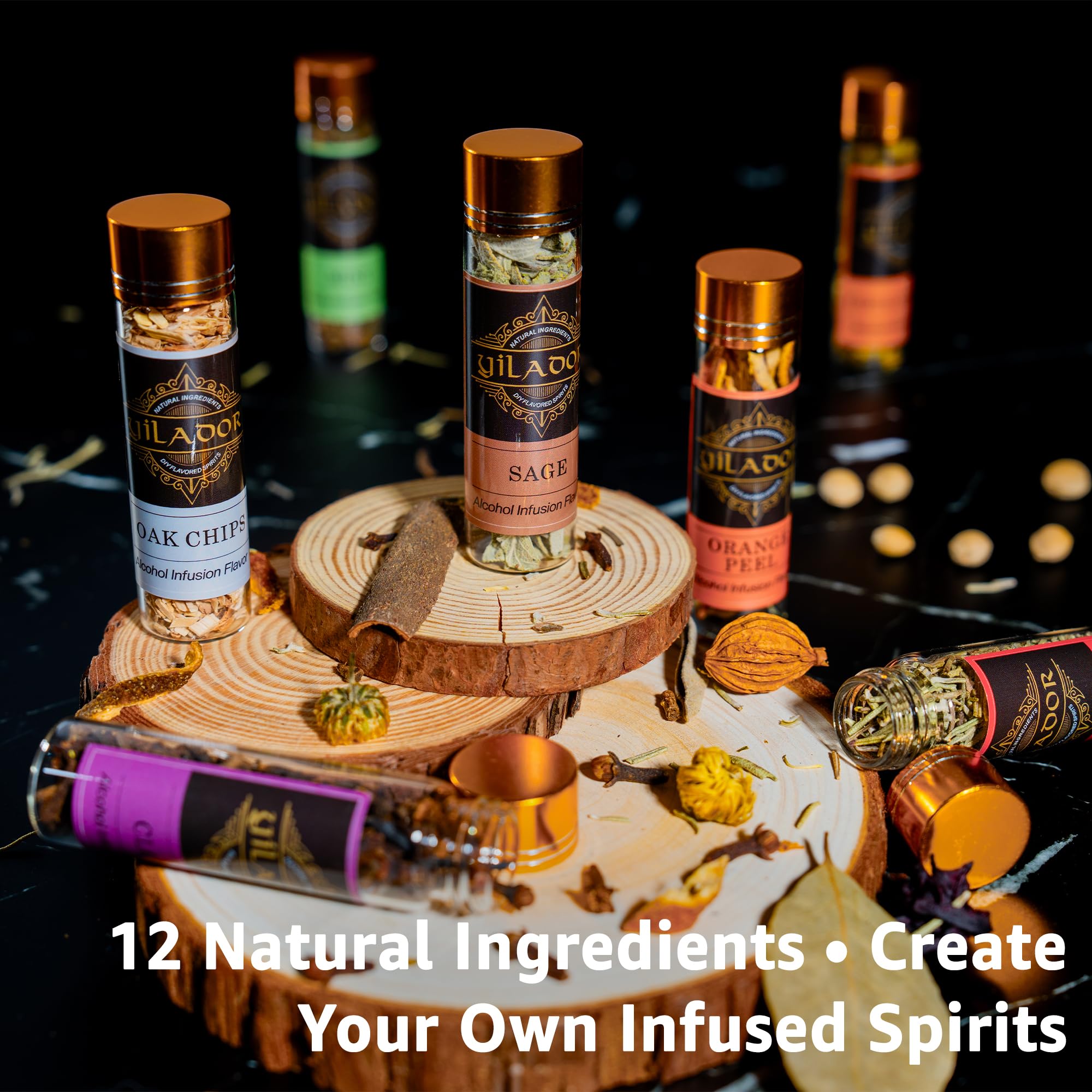 Yilador kit de infusión ginebra con botánicos para experiencias aromáticas en cócteles.