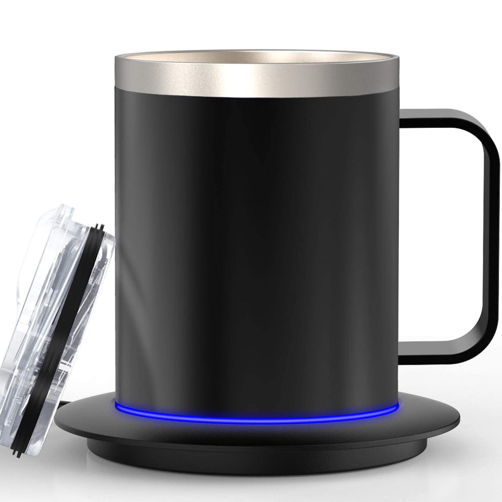 Taza autorecalentante YIMUBREEZ en escritorio mantiene bebidas calientes.