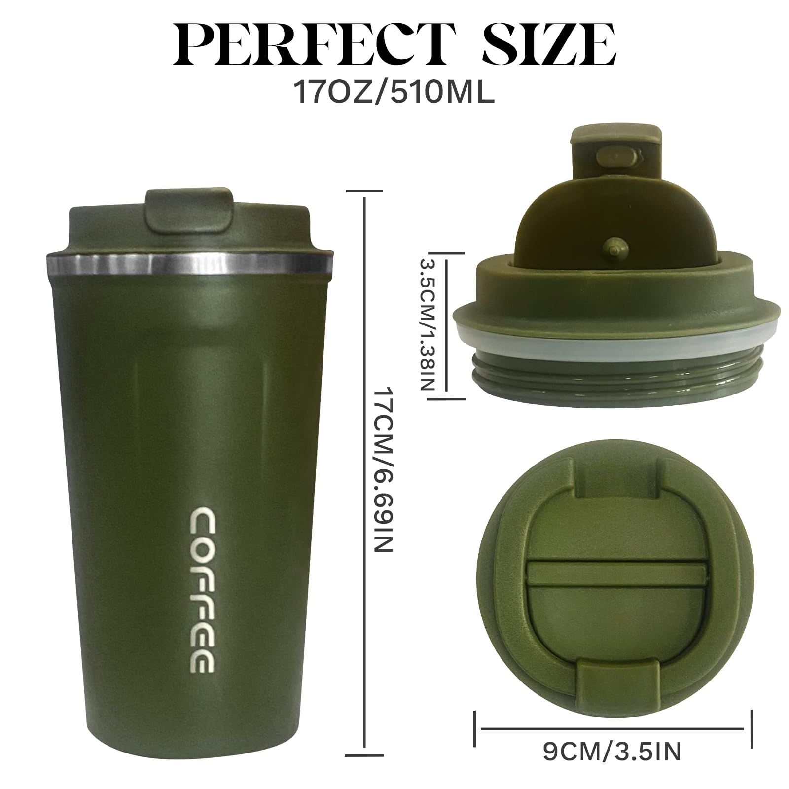 Capacidad de 510 ml (17 oz) ideal para café diario y viajes.