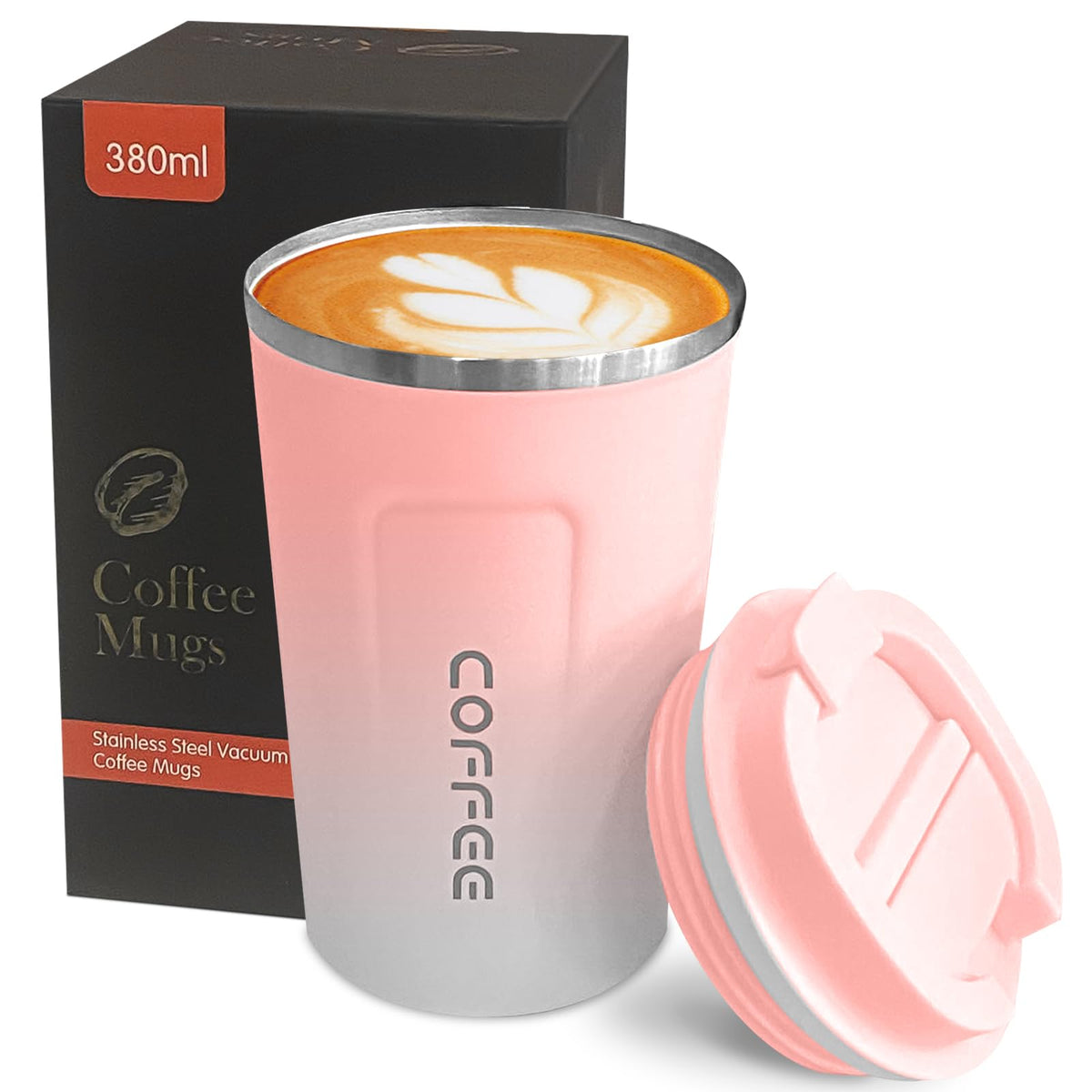 Taza termica YINBAOGE de viaje en rosa y blanco, mantiene el café caliente por más tiempo