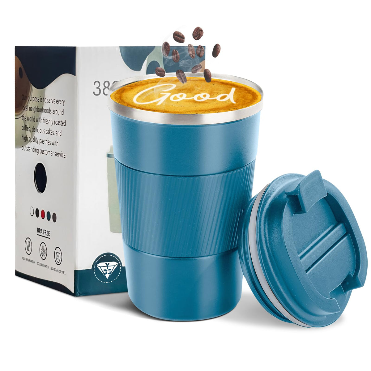 Taza de viaje YINBAOGE azul frente interior visible, mantiene café caliente durante horas.