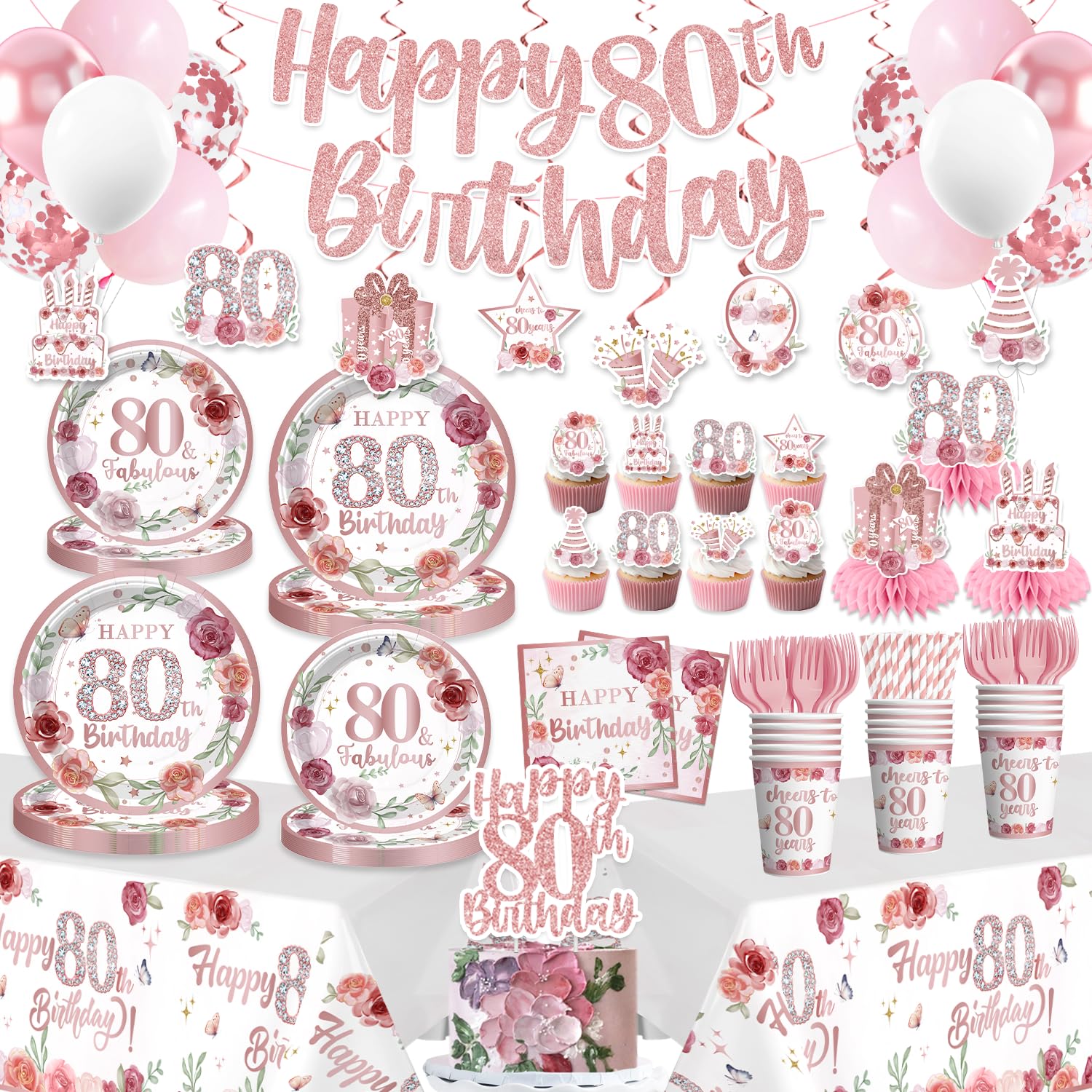 Banner Yingoto para 80.º cumpleaños decorando la mesa, estilo rosa y dorado.