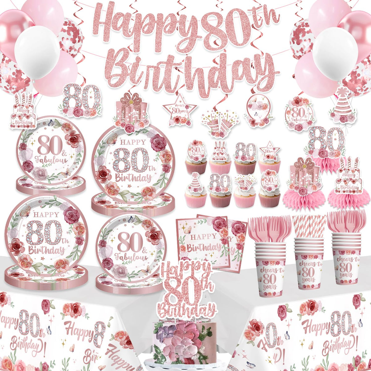 Banner Yingoto para 80.º cumpleaños decorando la mesa, estilo rosa y dorado.