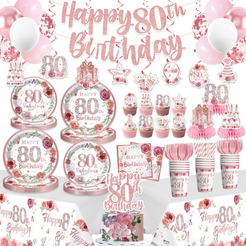 Banner Yingoto para 80.º cumpleaños decorando la mesa, estilo rosa y dorado.