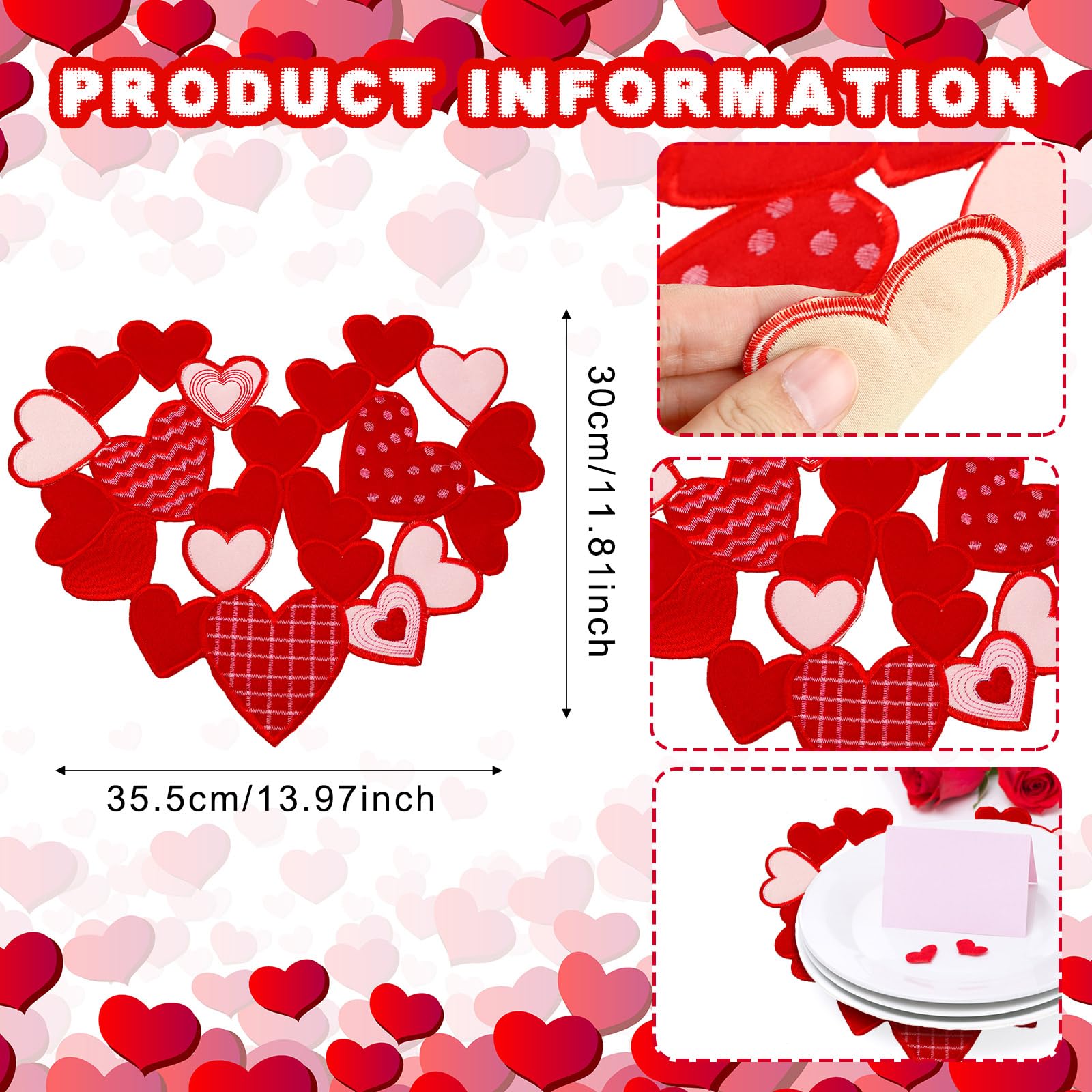 Detalle bordado de corazones en manteles Yingzhao para cenas especiales.