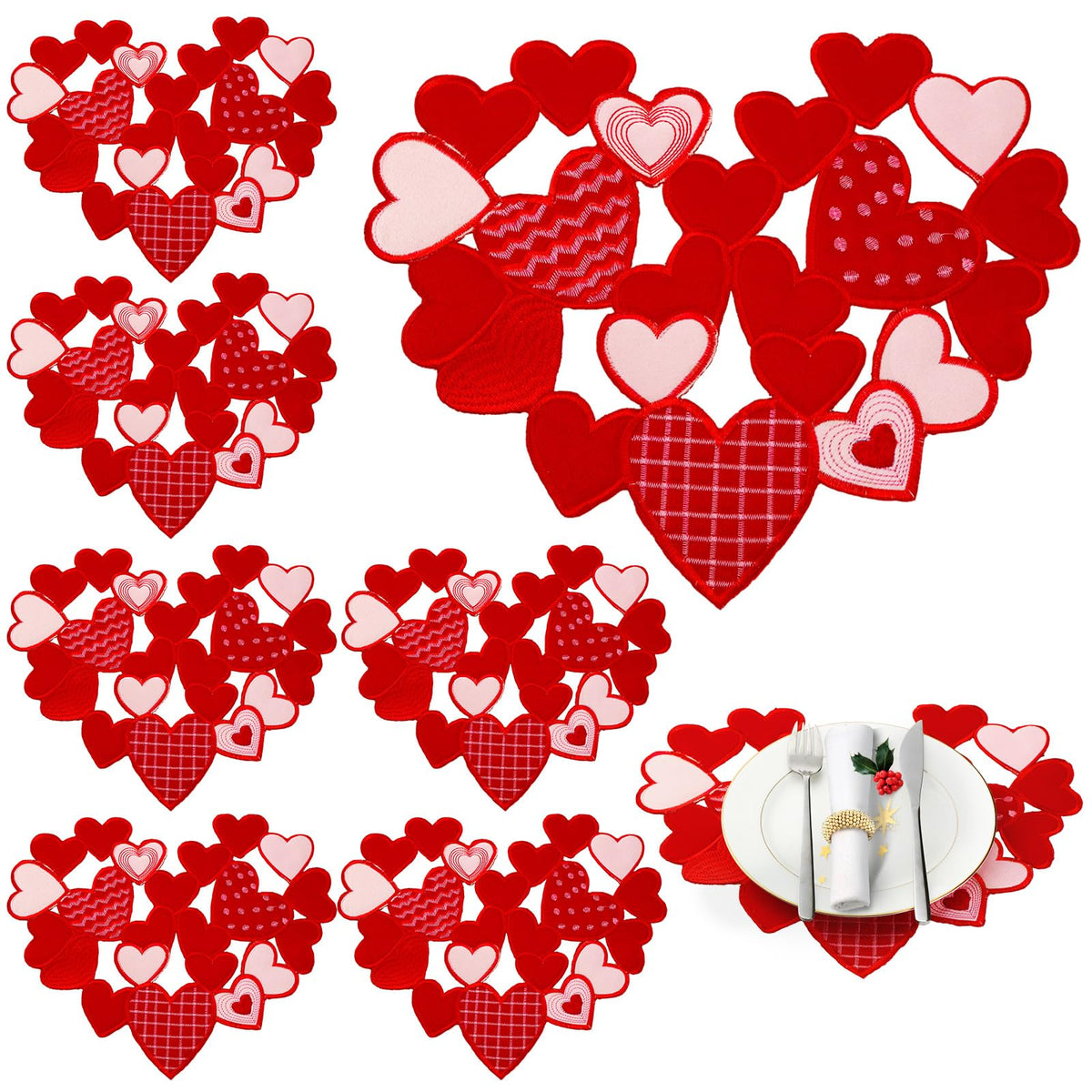 Manteles Yingzhao con corazones bordados rojos y rosas para mesas románticas.