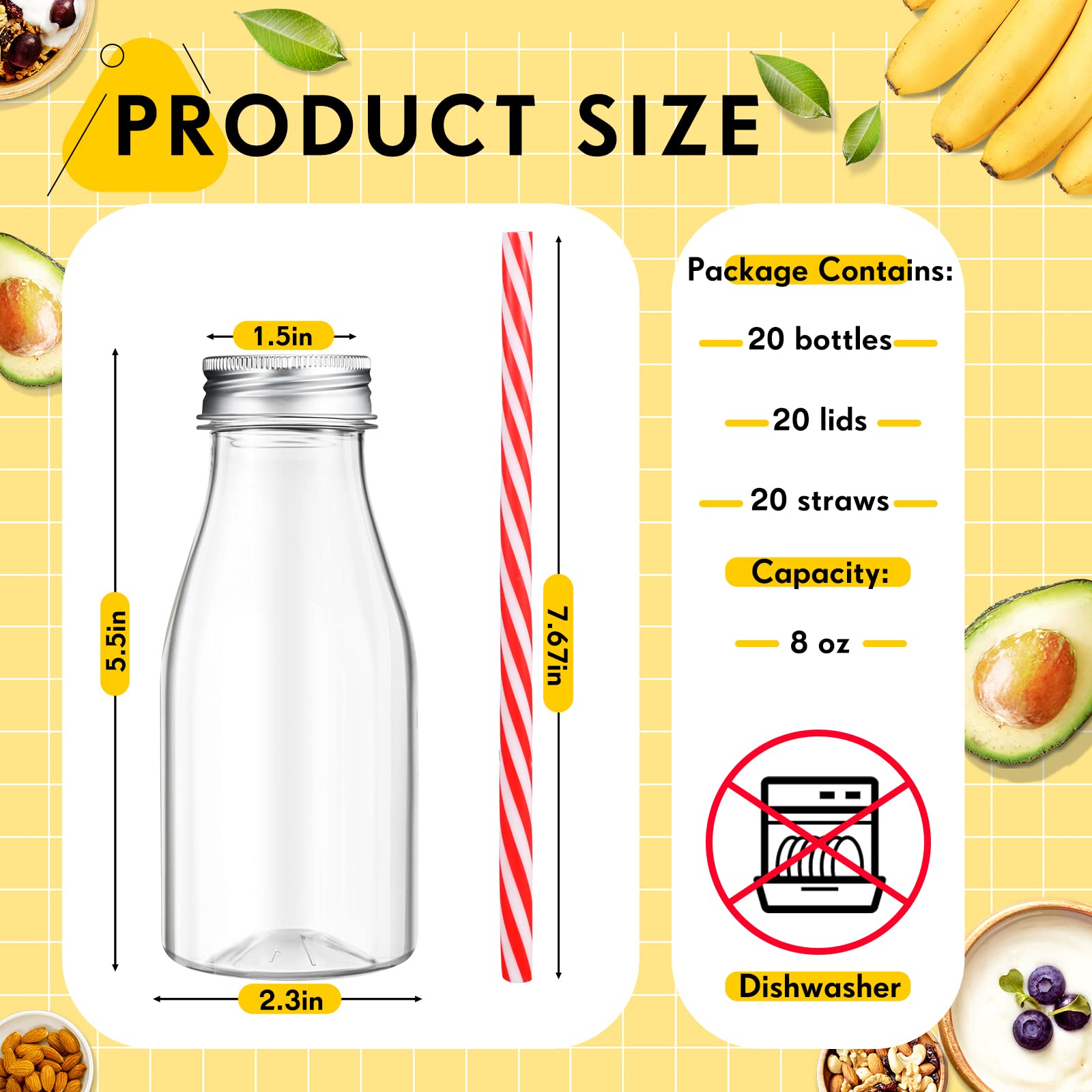 Vista lateral de botellas Yinkin 237 ml con tapa metal para jugos.