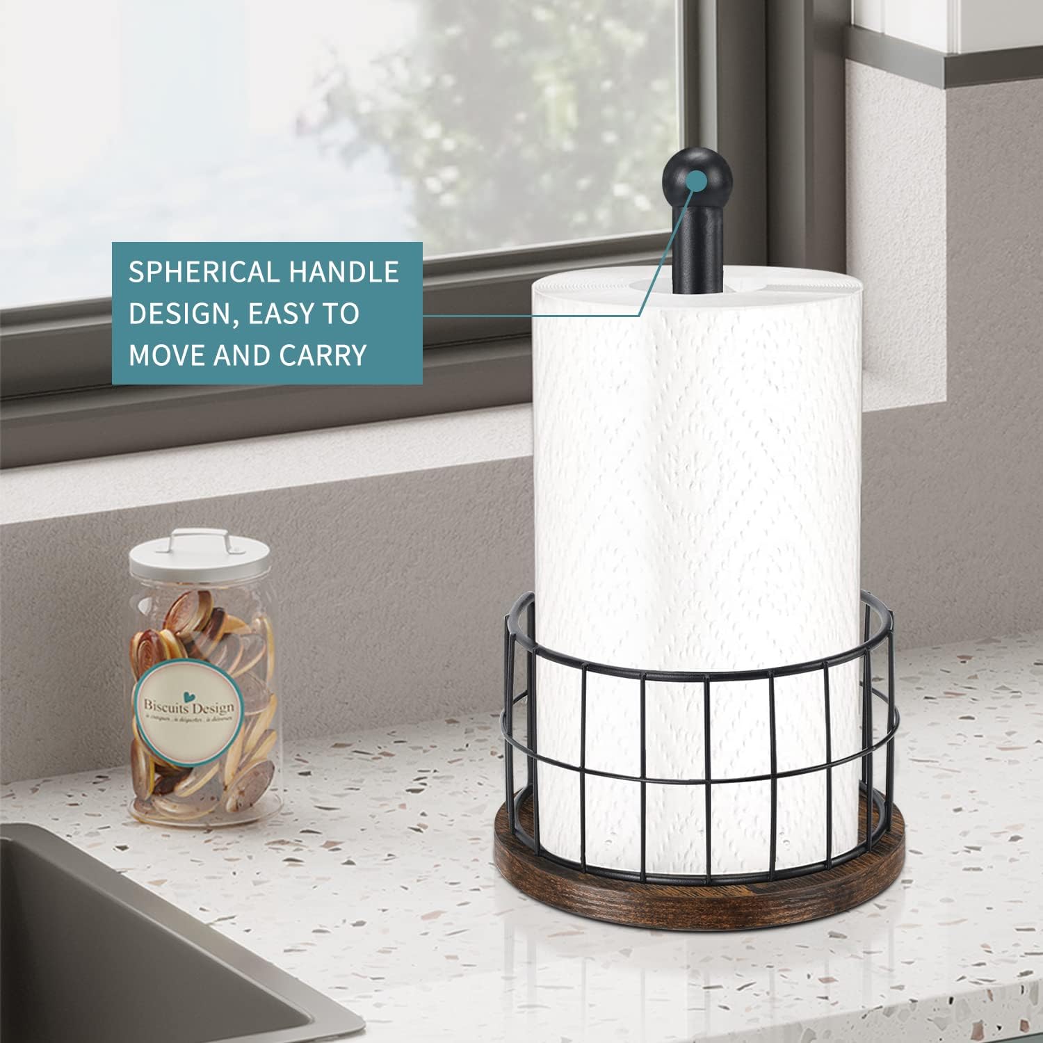 YINMIT porta-rolos papel madera marco de metal mate refuerza durabilidad y resistencia.