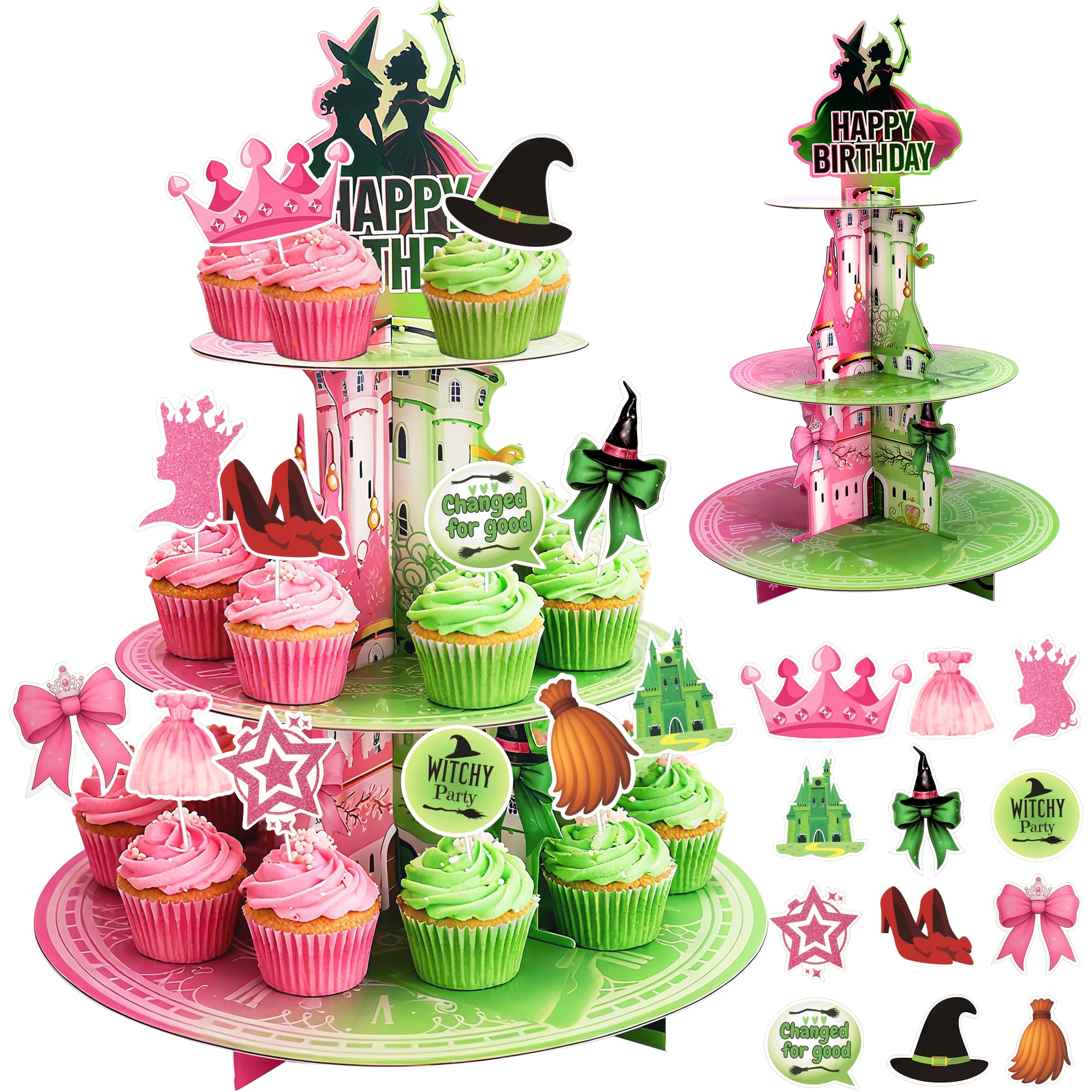 Torre de magdalenas Yiranok 3 niveles rosa y verde para fiestas infantiles