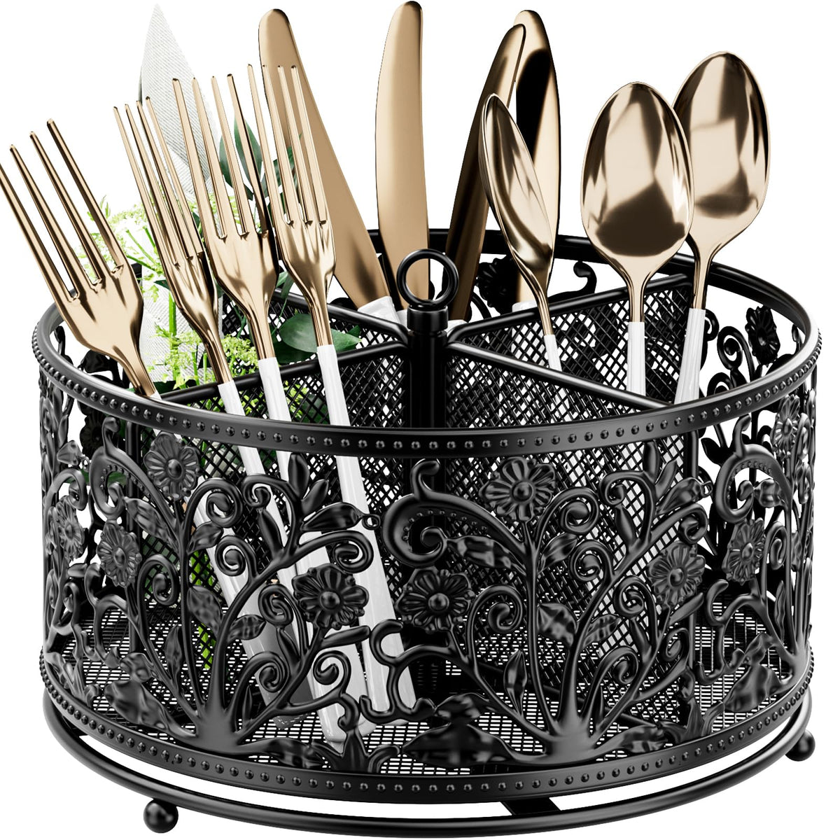 YIUKEA portacubiertos 360° giratorio con diseño floral para cocina organizada