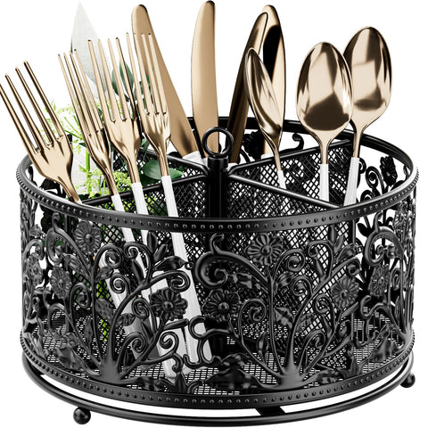 YIUKEA portacubiertos 360° giratorio con diseño floral para cocina organizada