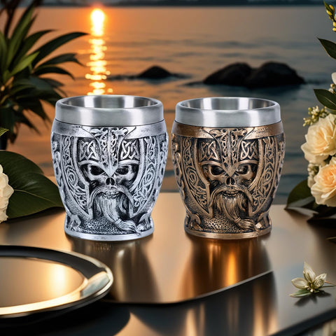Escena temática de Halloween con vaso de calavera armadura