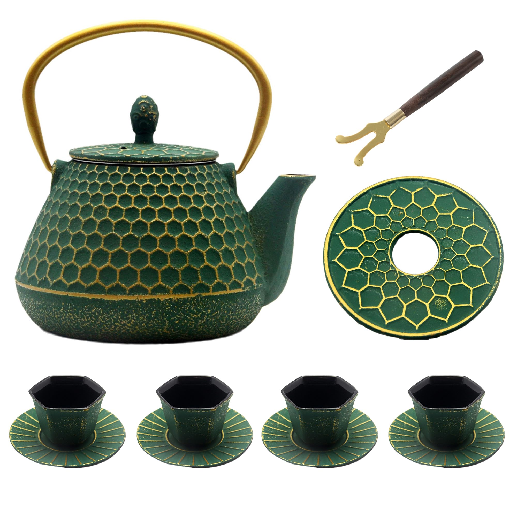 Tetera de hierro YJX con patrón hexagonal verde y efecto de calor prolongado