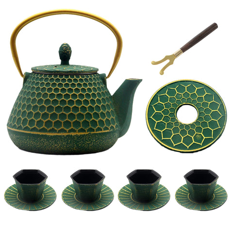 Tetera de hierro YJX con patrón hexagonal verde y efecto de calor prolongado