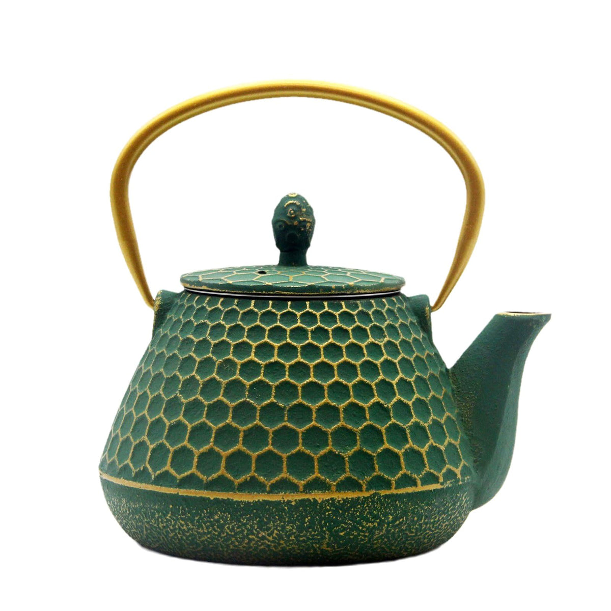 Tetera YJX Tetsubin con patrón hexagonal verde, decorativa y apta para servir té.