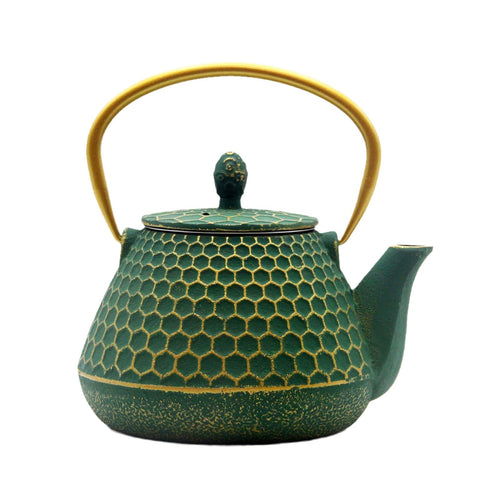 Tetera YJX Tetsubin con patrón hexagonal verde, decorativa y apta para servir té.
