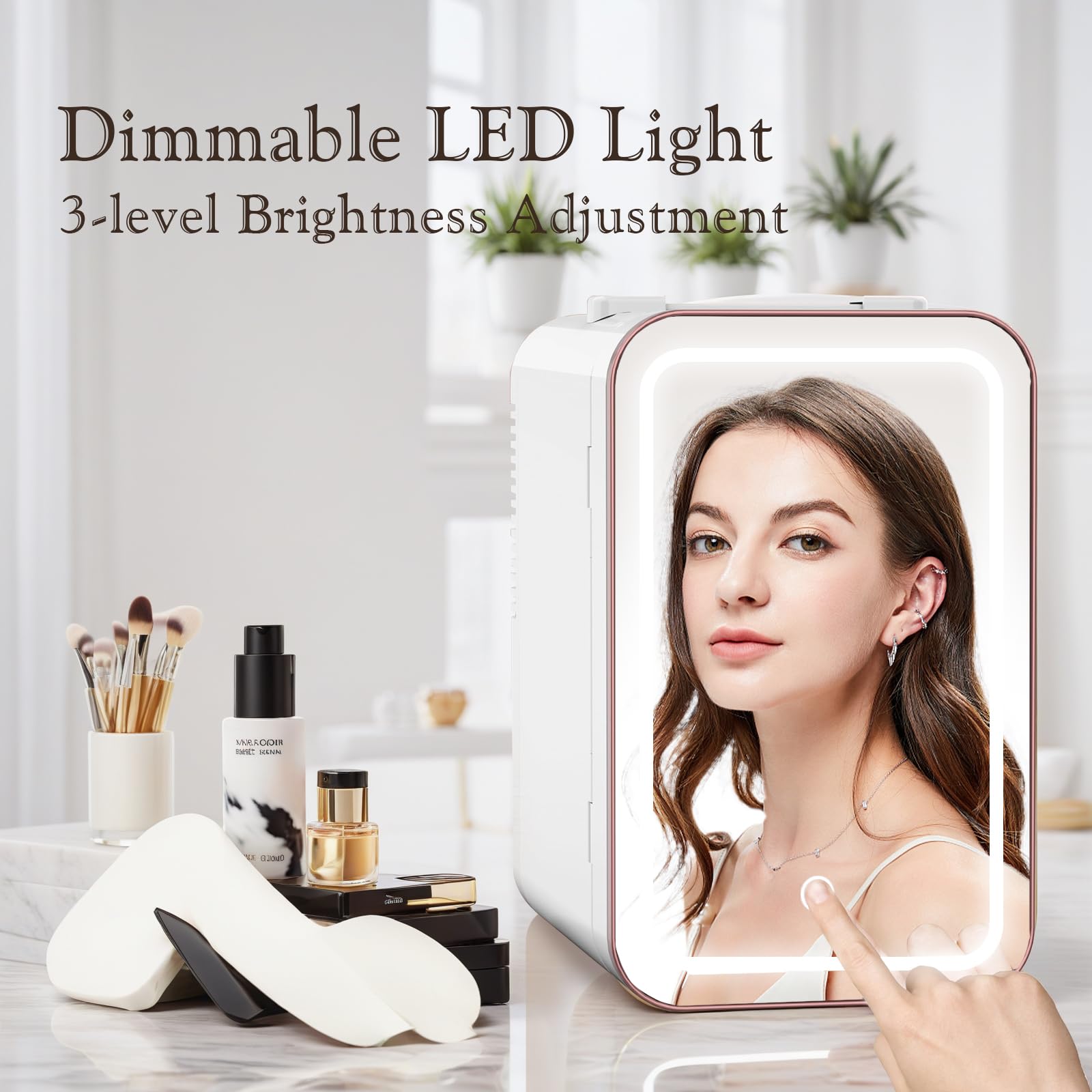 YLFU Nevera Mini 6L muestra espejo con luz para belleza.