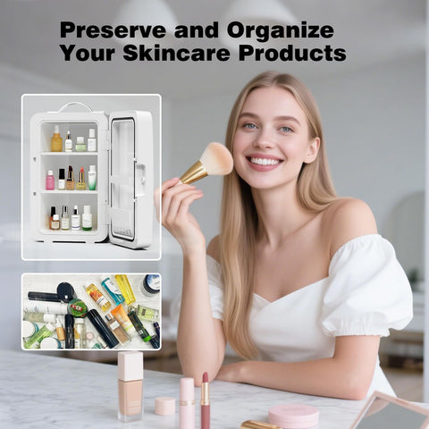 YLFU mini nevera con estantes ajustables para cosméticos y bebidas.