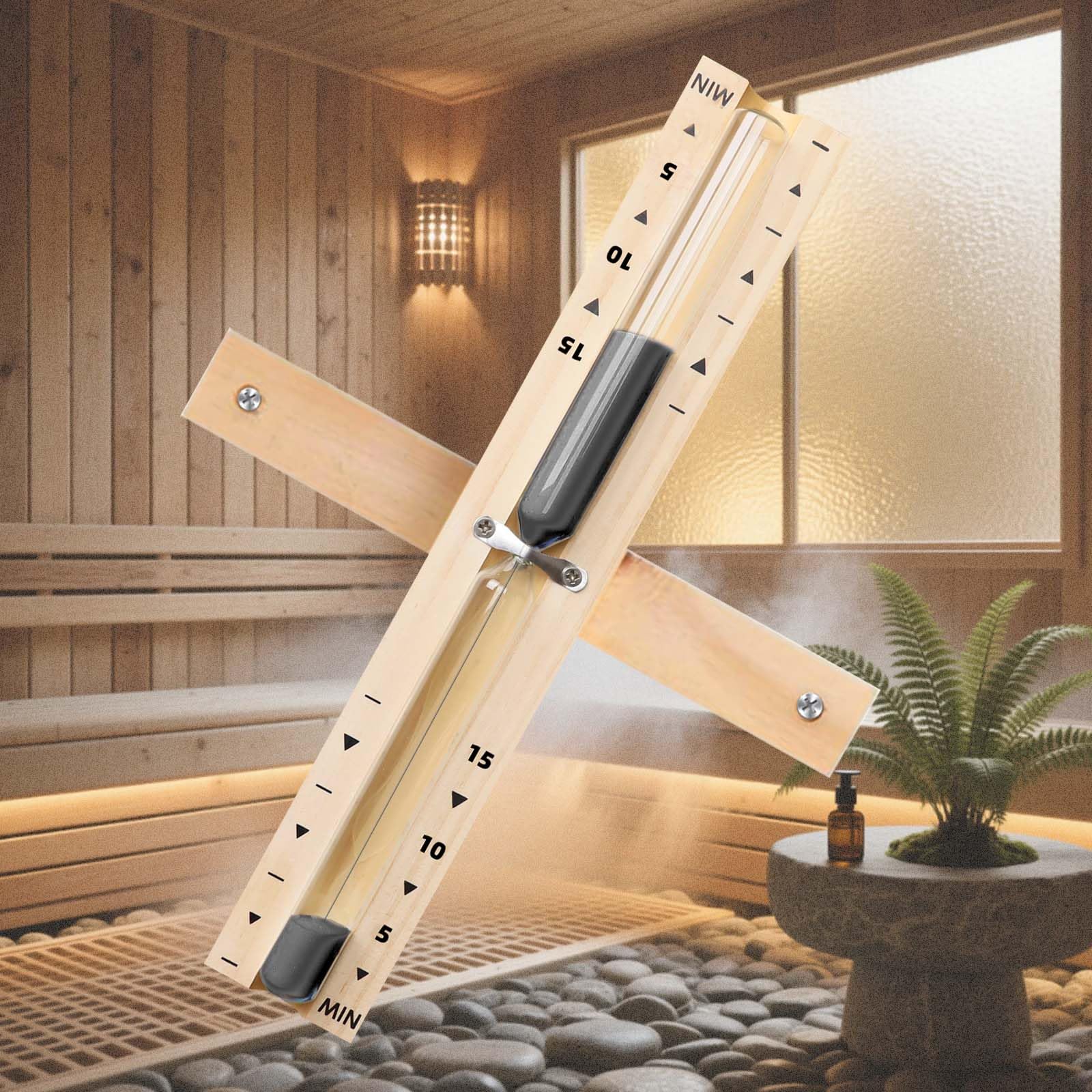 Detalle del interior con arena negra del reloj de sauna YLTIMER.