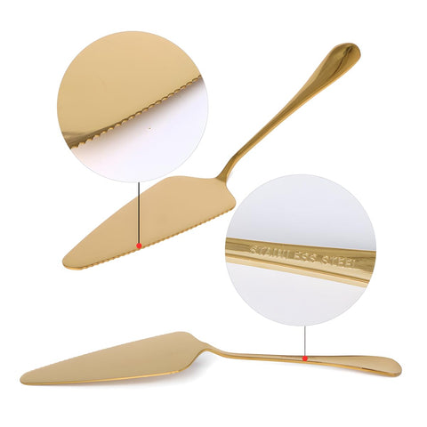 Espátula serrada para pizza de Ymeibe, mango ergonómico, acabado dorado.