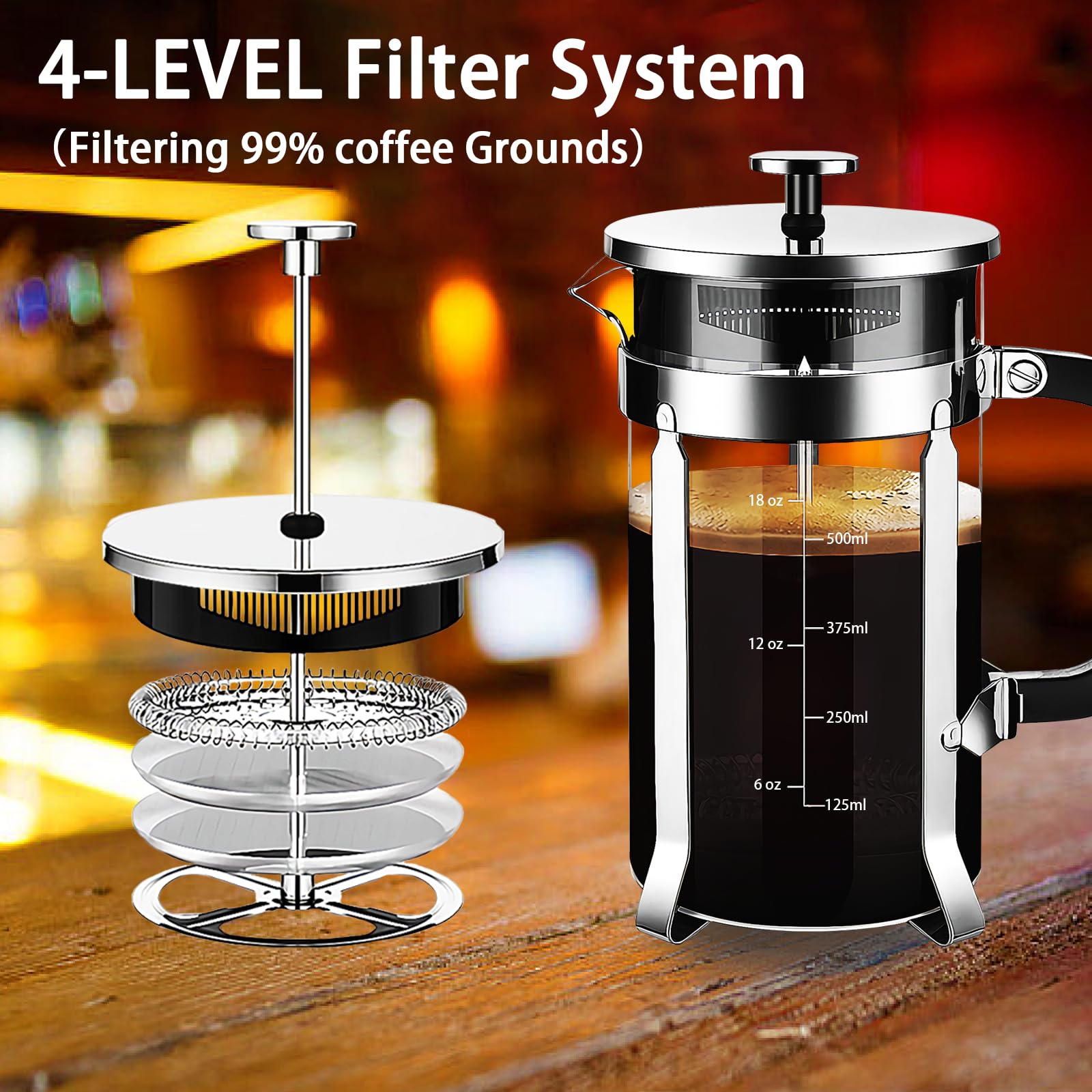 Sistema de filtrado de 4 niveles para café limpio.