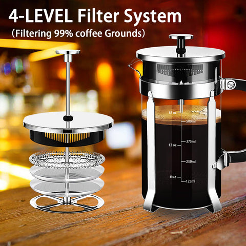 Sistema de filtrado de 4 niveles para café limpio.