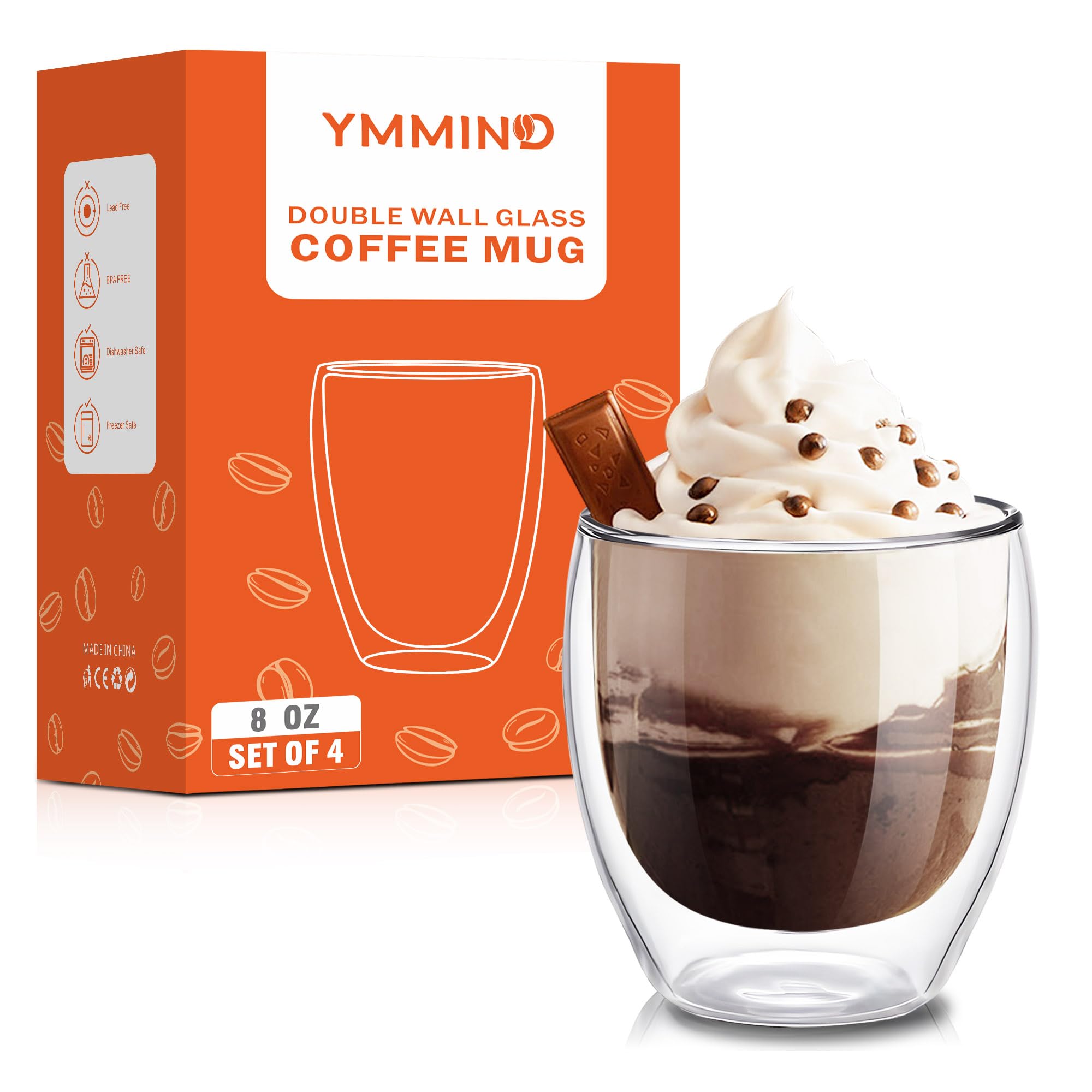 Taza YMMIND en primer plano, vidrio de borosilicato ligero y acabado claro.