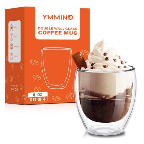 Taza YMMIND en primer plano, vidrio de borosilicato ligero y acabado claro.