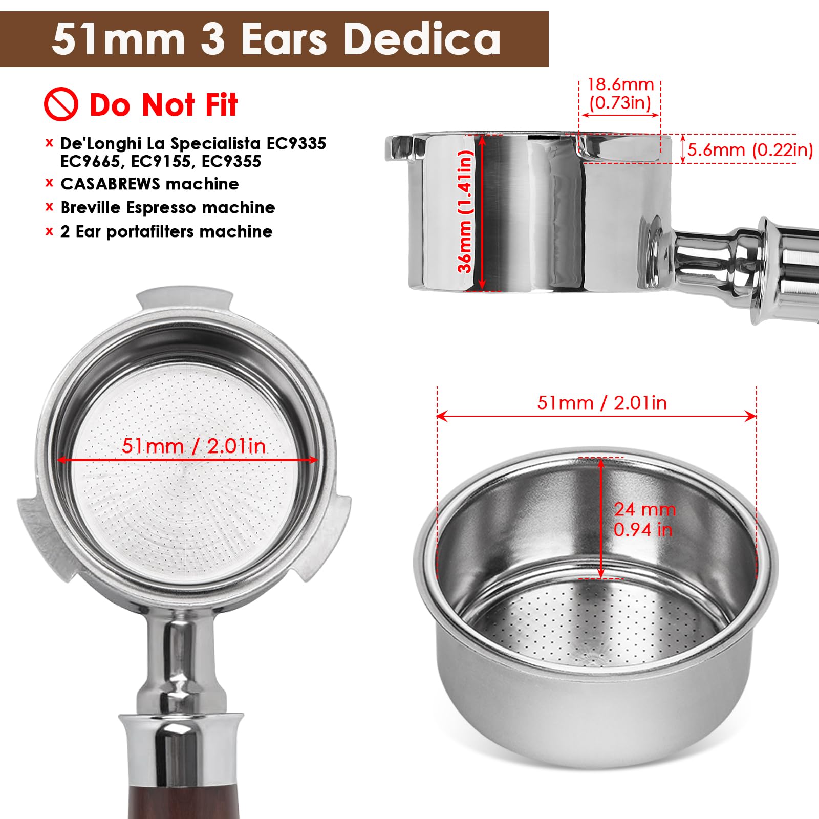 Cesta de acero inoxidable para portafiltro 51mm, duradera y fácil de limpiar.
