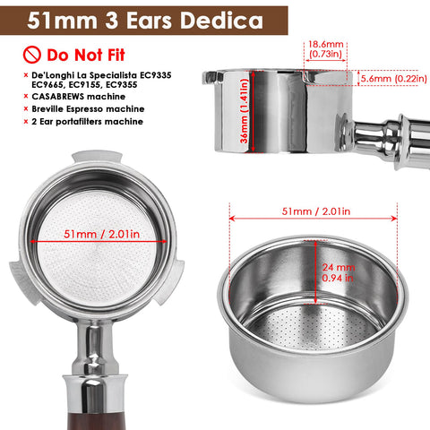 Cesta de acero inoxidable para portafiltro 51mm, duradera y fácil de limpiar.