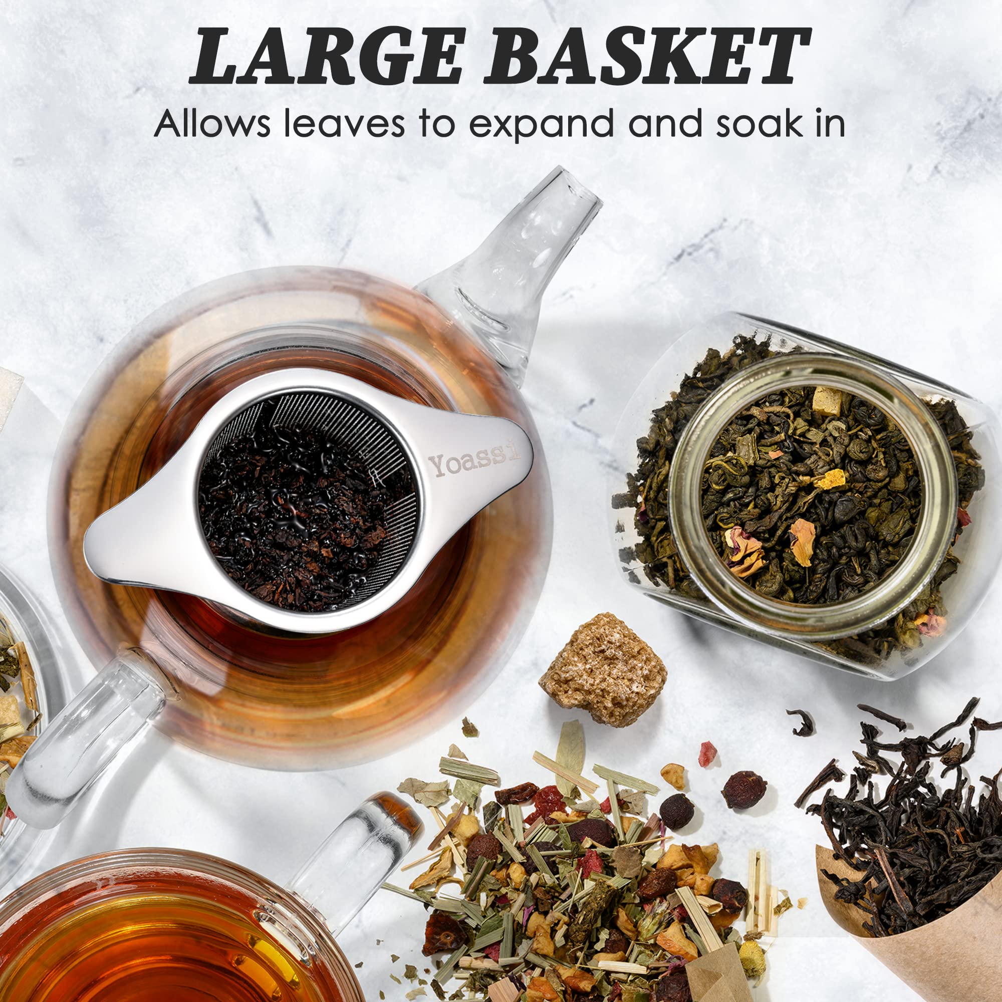 Infusor Yoassi con asas dobles para soporte seguro sobre tazas.