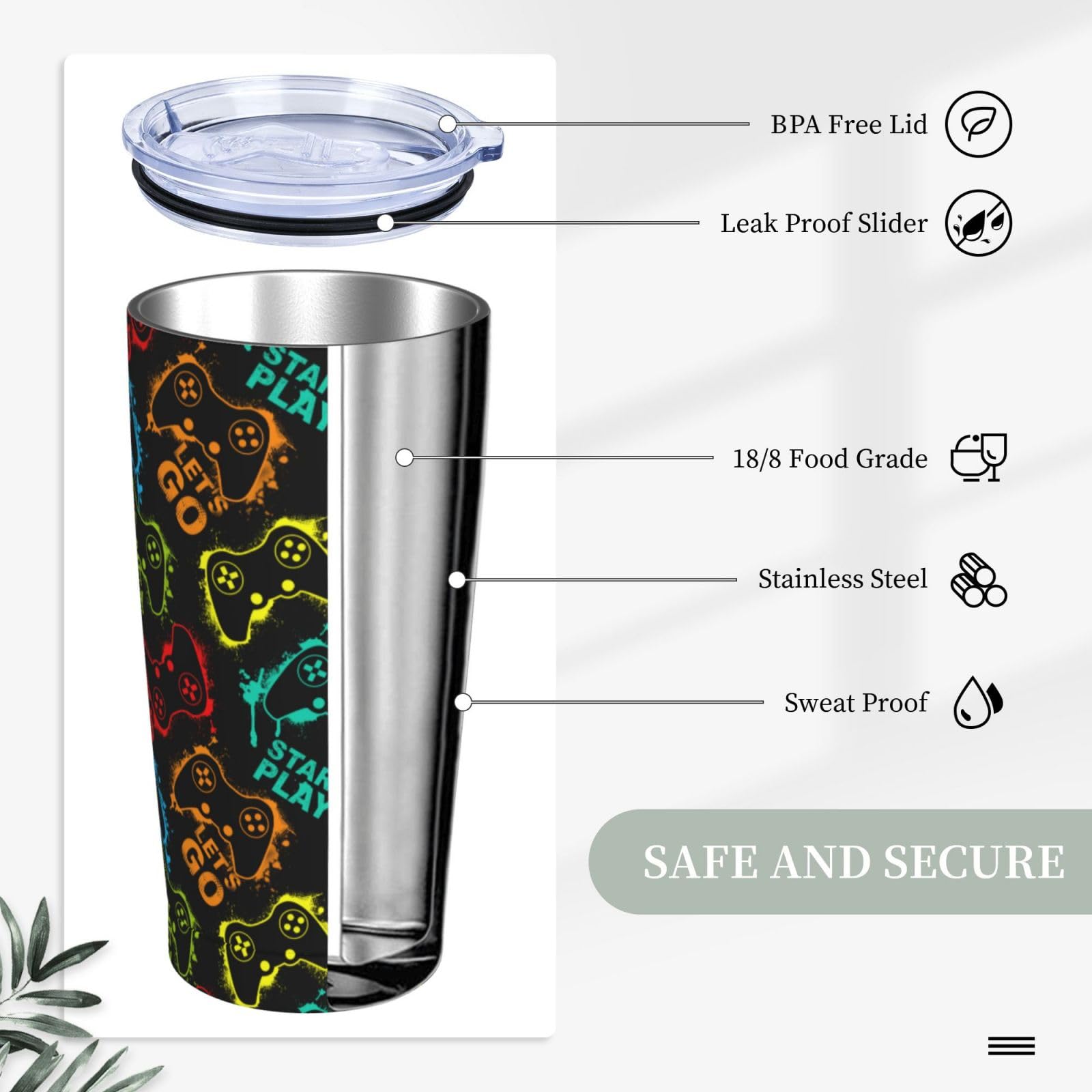 Yobvec Tumbler Gamer de 20 onzas ofrece gran capacidad para viajes diarios.