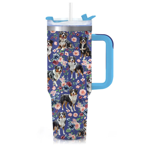 Vaso térmico Yogusut con diseño Australian Shepherd y asa, ideal regalo para mujeres.