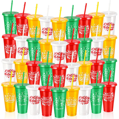 Copas navideñas Yoiemivy 24 oz con tapa y pajilla para bebidas festivas