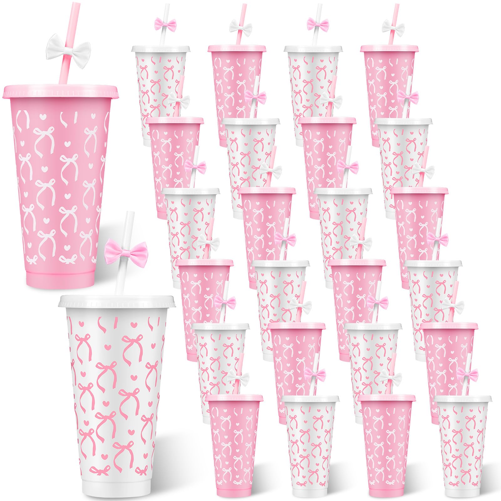 Vaso Yoiemivy con lazo rosa para fiestas y bebidas reutilizables.