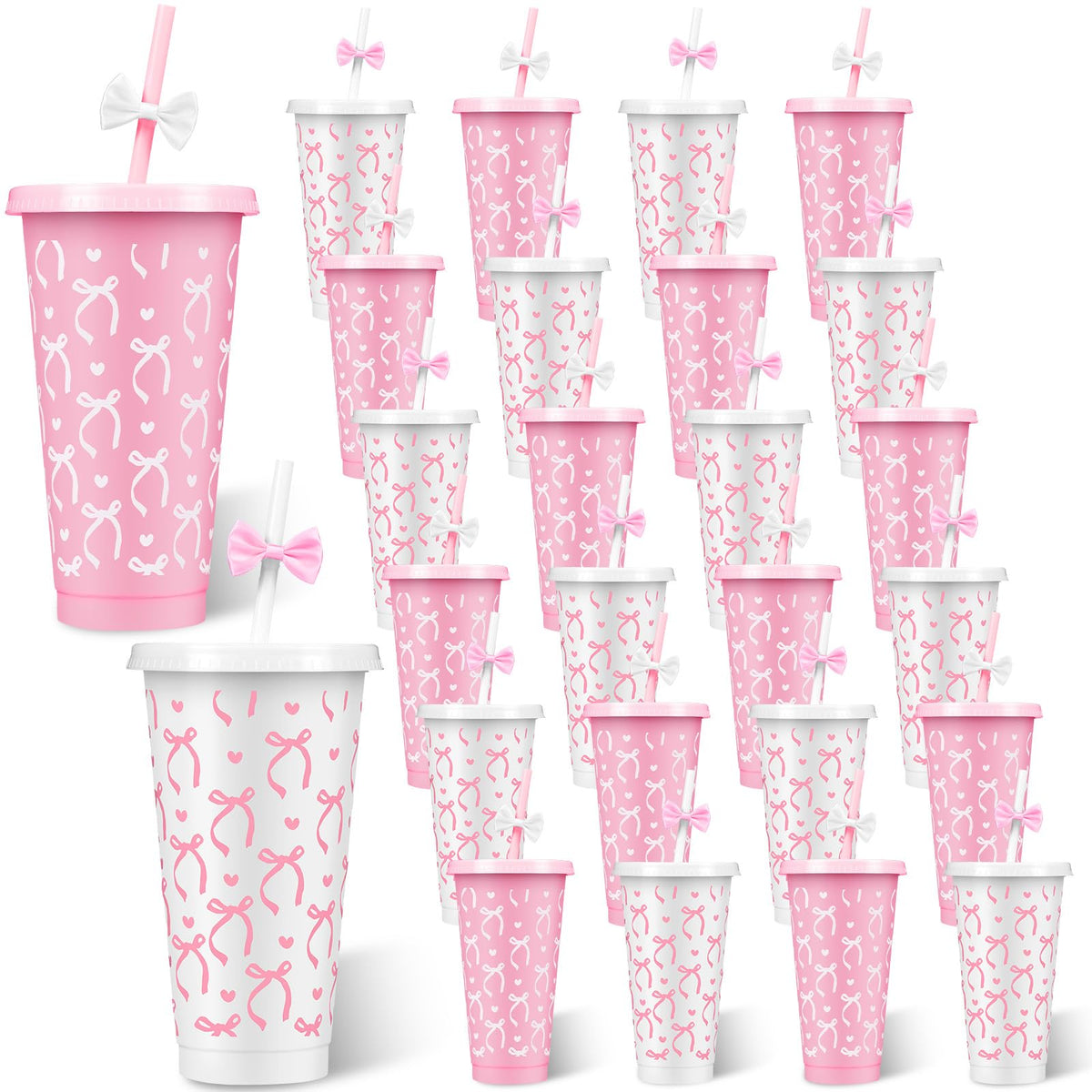 Vaso Yoiemivy con lazo rosa para fiestas y bebidas reutilizables.