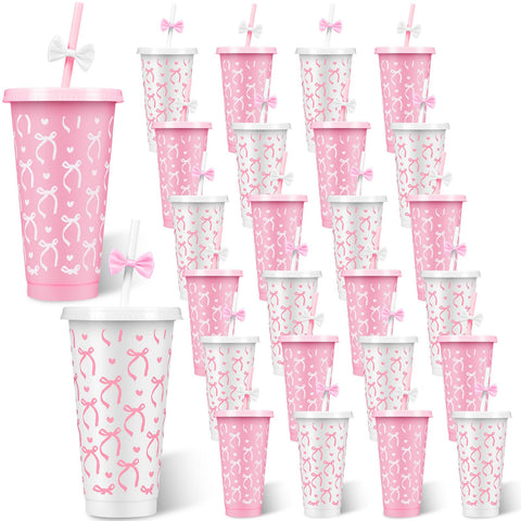 Vaso Yoiemivy con lazo rosa para fiestas y bebidas reutilizables.