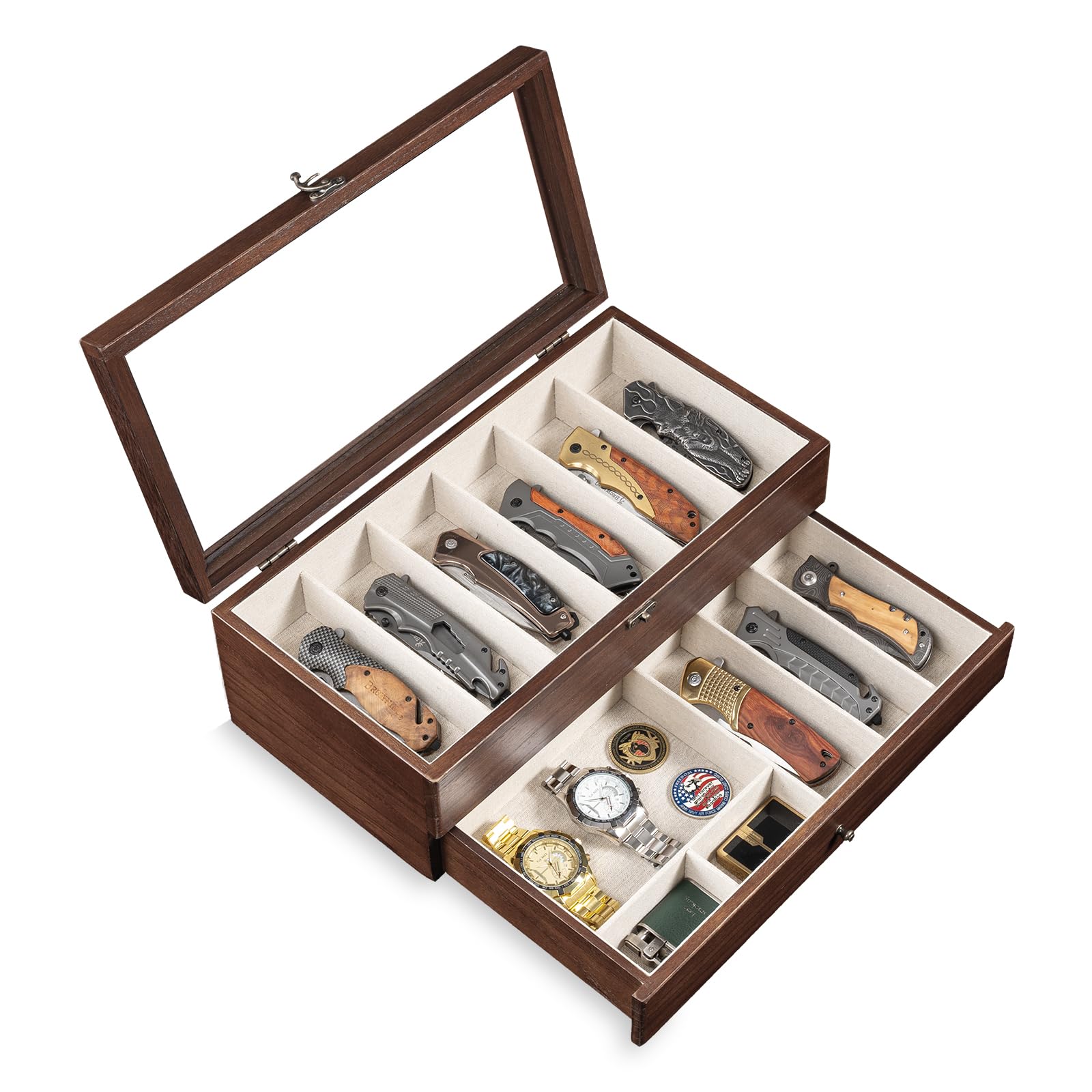 Caja Yoimori para cuchillos en nogal con dos capas, ideal para orden seguro