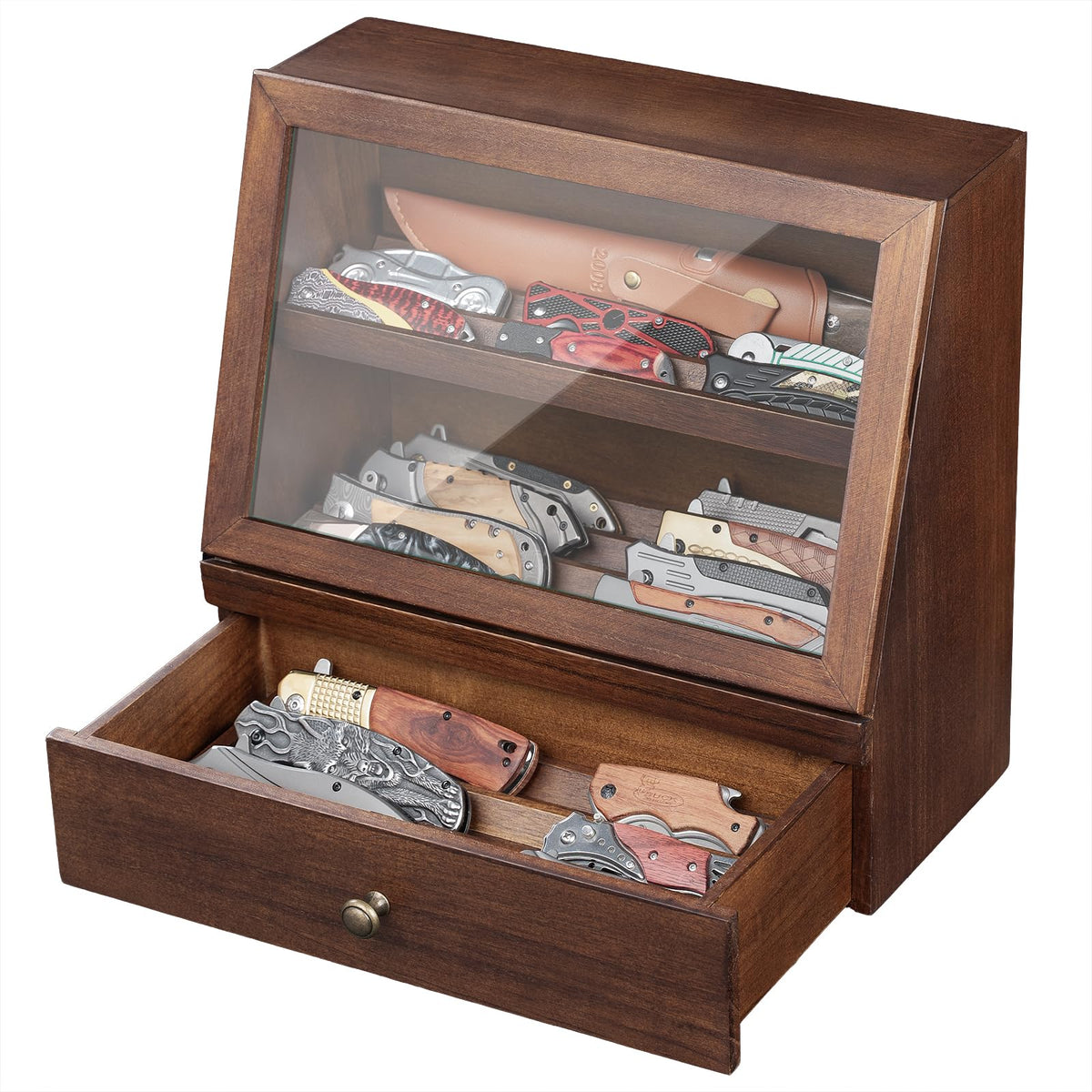 Yoimori caja expositor para cuchillos plegables con cajón, almacenamiento elegante.