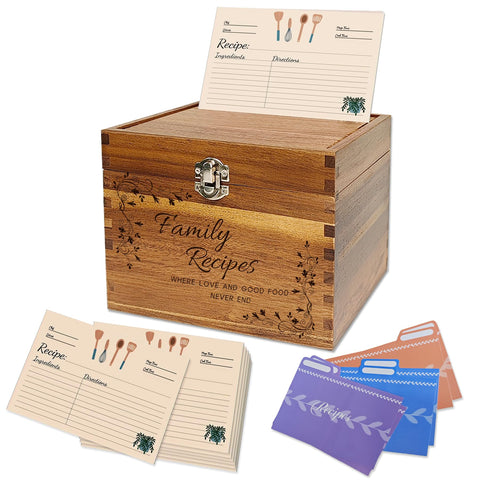 YOJO caja de recetas de madera con grabado frontal, ideal para conservar recetas familiares.