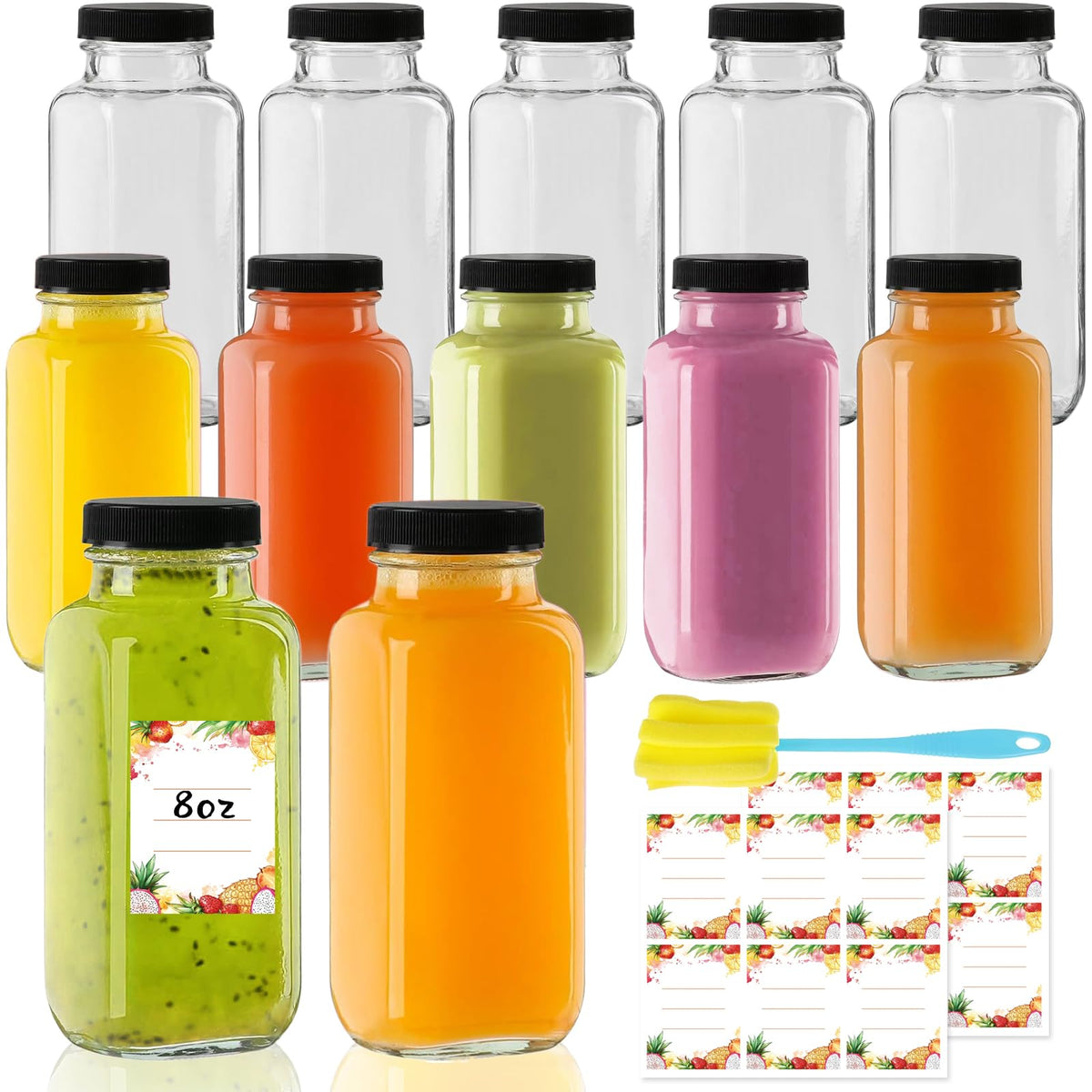 Botellas Yokodaza de vidrio 8oz con tapas, set de 12, para jugos.