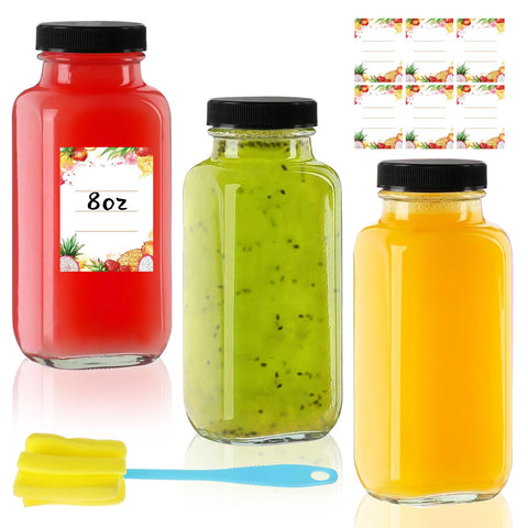 Botellas Yokodaza de vidrio 8 oz con tapas, perfectas para jugos frescos.
