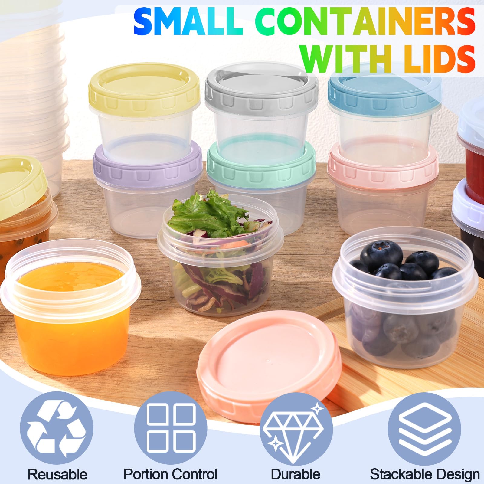 Contenedores Yomarket 4oz base plana para facilitar apilamiento y organización.