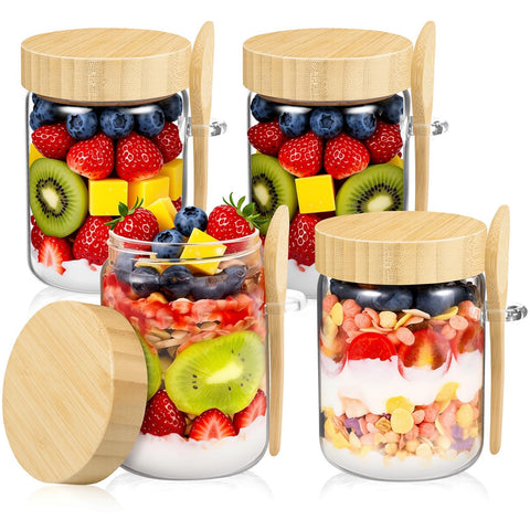 Frasco Yomarket de vidrio 16 oz con tapa de bambú, ideal para avena nocturna.