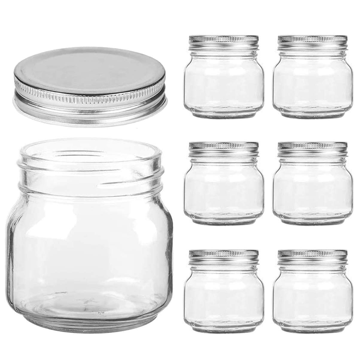 Yomarket tarros mason de boca regular, vidrio claro y tapa plateada, ideales para almacenamiento seguro de alimentos.