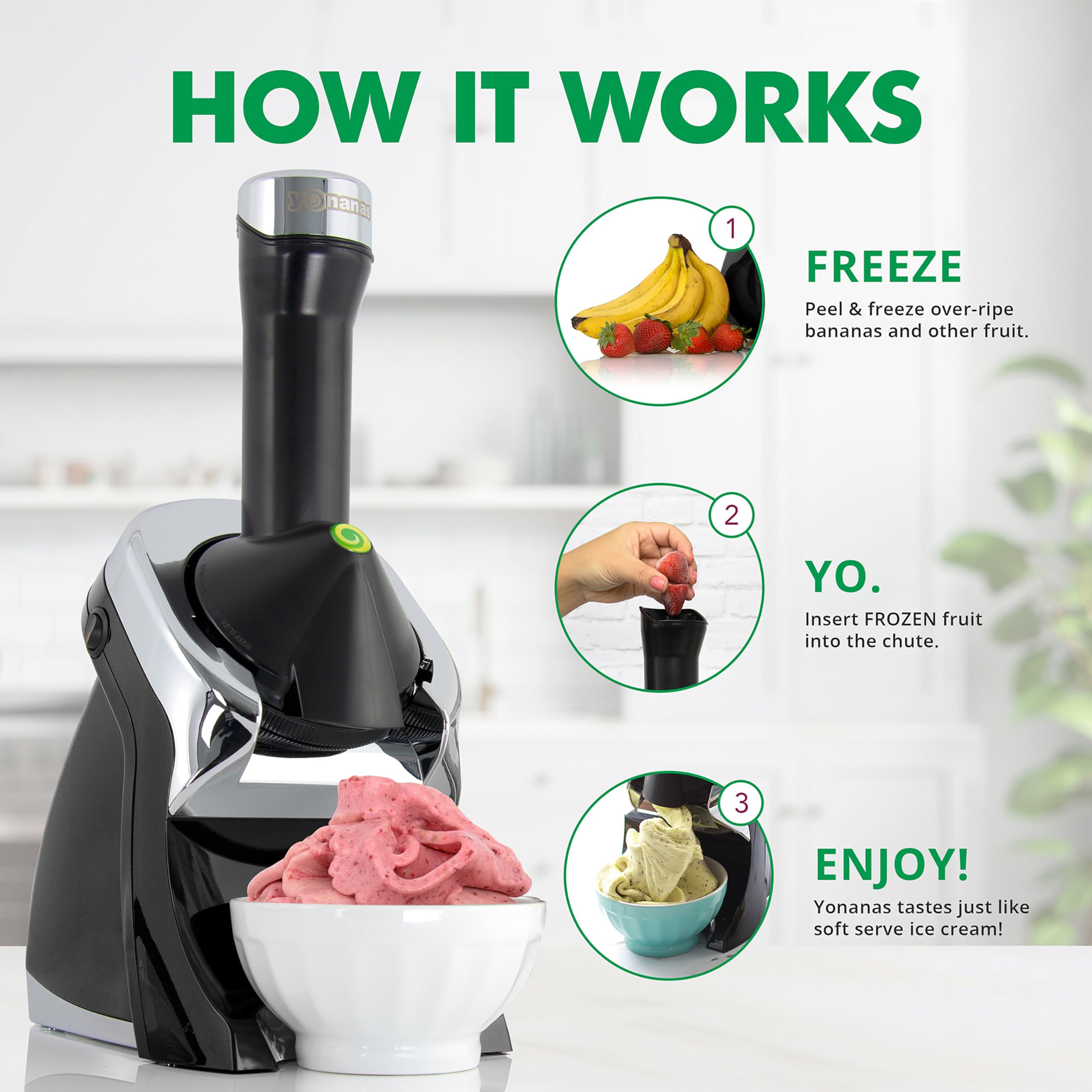 Yonanas en uso por una familia sirviendo postres veganos rápidos