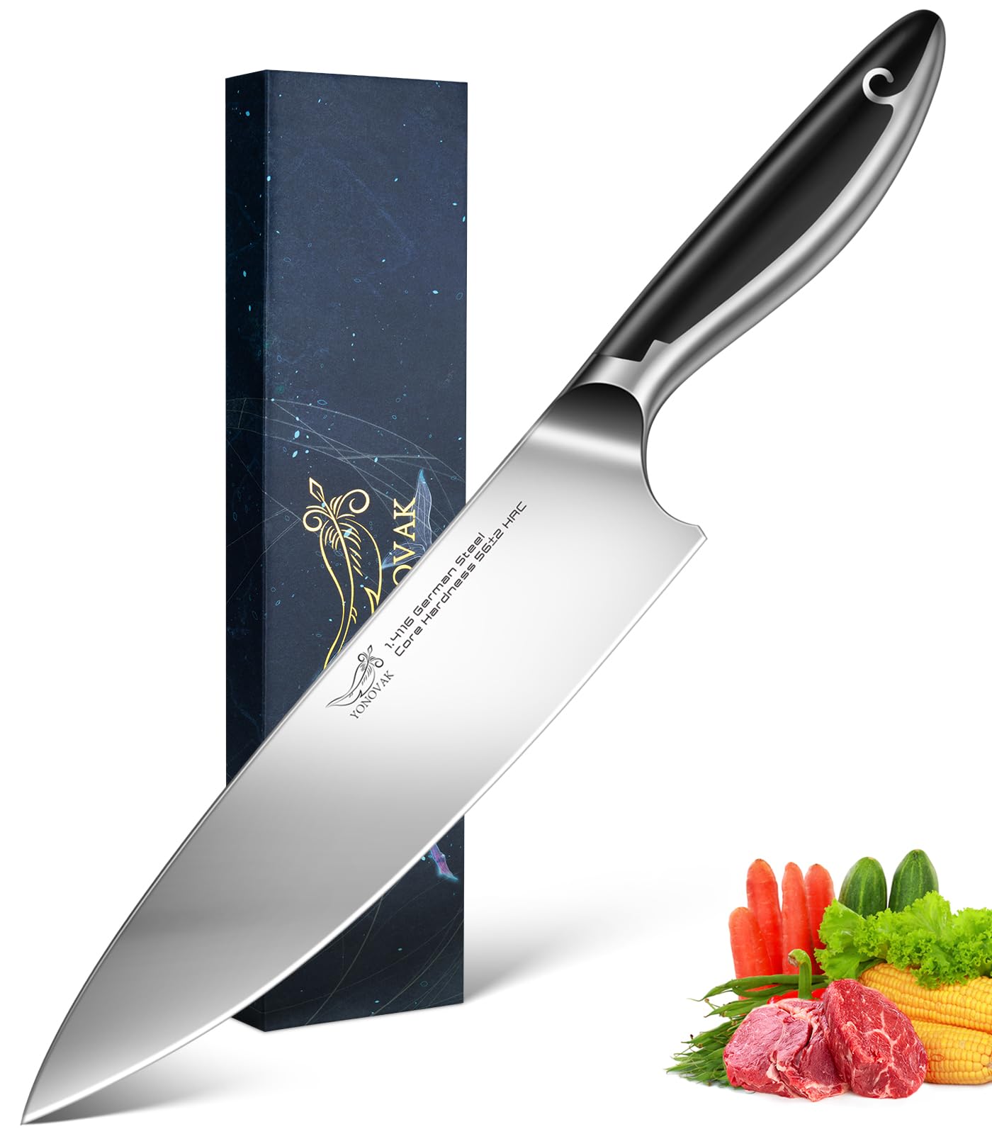 Cuchillo Yonovak Chef Alemán 8 pulgadas: hoja afilada para cortes precisos.