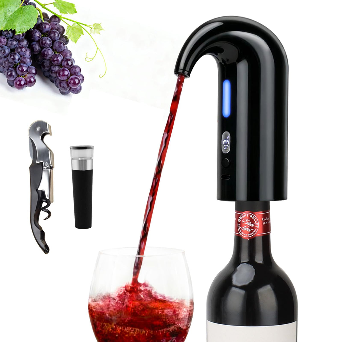 Aerador eléctrico para vino Yoocylii con flujo instantáneo mejora aroma y sabor.