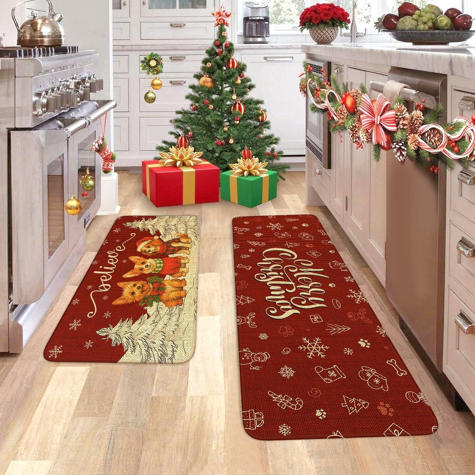 YOOMODERN alfombras navidenas con perros para un toque festivo en la cocina.