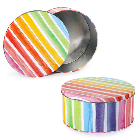 Latas redondas Yopay, diseño arcoíris, perfectas para almacenar snacks o confitería.